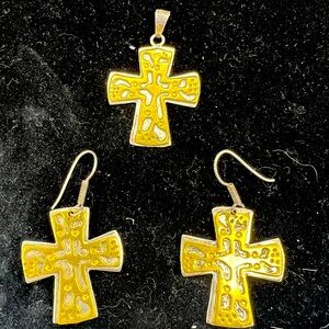 VINTAGE MEXICO STERLING SILVER AND BRASS CROSS PENDANT WITH  CROSS EARRINGS